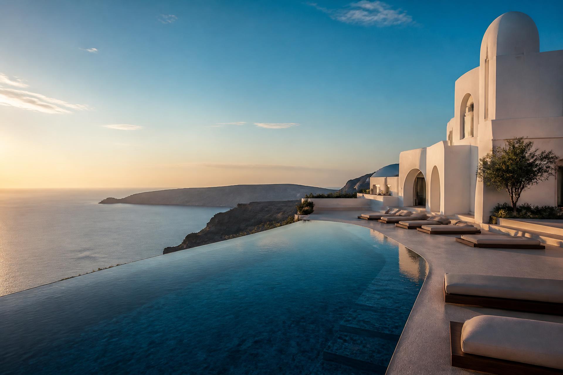 A private cliffside villa above the Aegean sea at golden hour